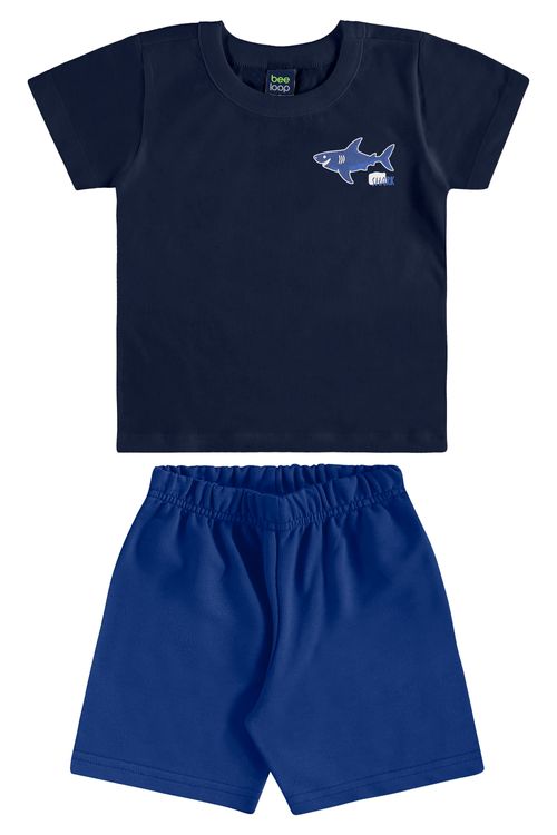 Conjunto Infantil com Camiseta Tubarão e Bermuda para Menino (Azul Marinho) Bee Loop
