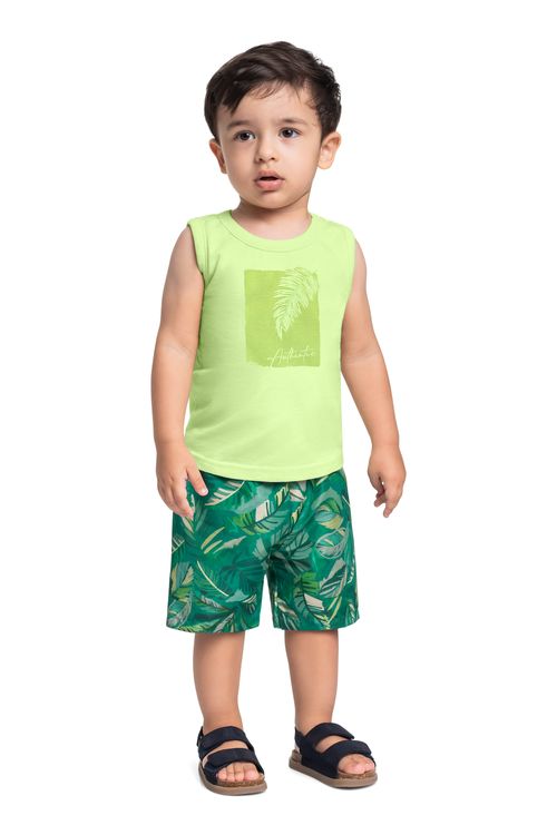 Conjunto Tropical com Regata e Bermuda para Menino (Verde) Bee Loop