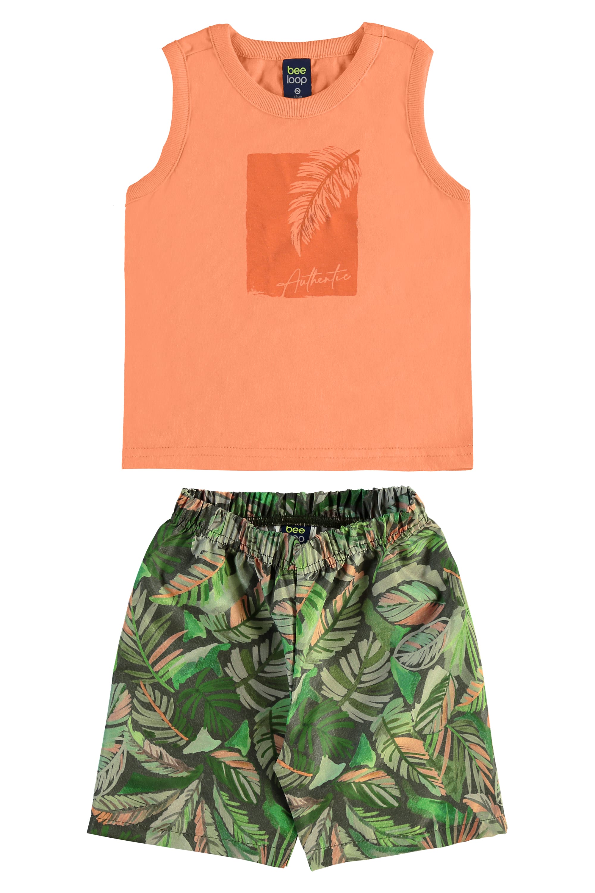 Conjunto Tropical com Regata e Bermuda para Menino (Laranja) Bee Loop