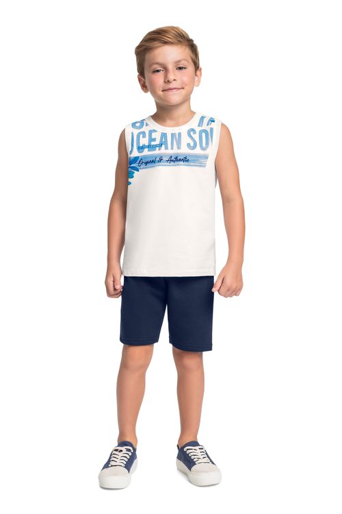 Conjunto com Regata Tropical e Bermuda para Menino (Off White) Bee Loop