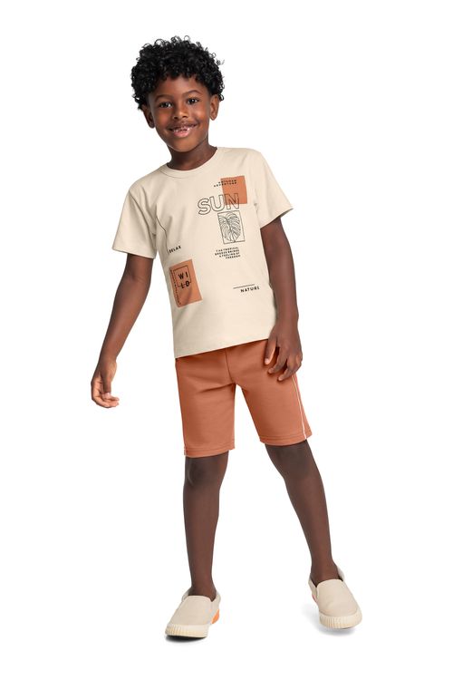 Conjunto com Camiseta Estampada e Bermuda para Menino (Bege) Bee Loop