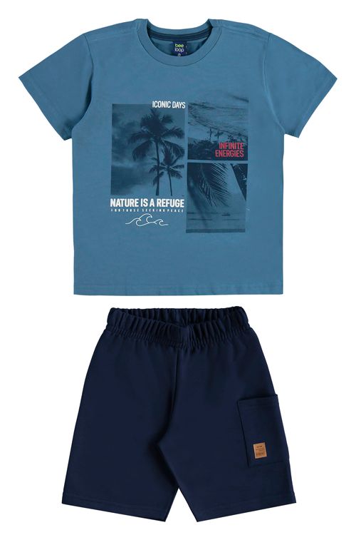 Conjunto com Camiseta Tropical e Bermuda com Bolso para Menino (Azul) Bee Loop