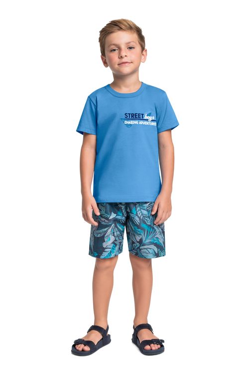 Conjunto com Camiseta e Bermuda Tropical em Microfibra para Menino (Azul) Bee Loop
