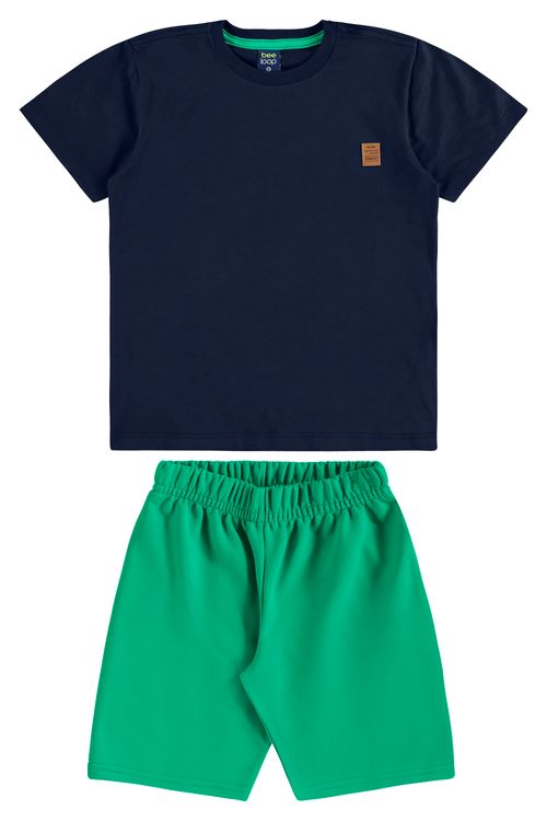Conjunto com Camiseta Tropical e Bermuda em Moletom para Menino (Azul Marinho) Bee Loop