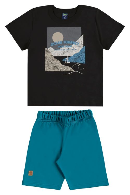 Conjunto com Regata e Bermuda Tropical em Moletom para Menino (Preto) Bee Loop
