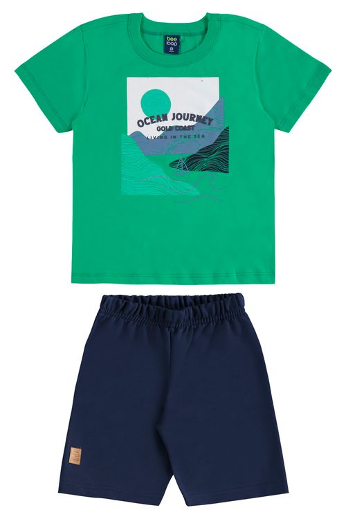 Conjunto com Regata e Bermuda Tropical em Moletom para Menino (Verde) Bee Loop