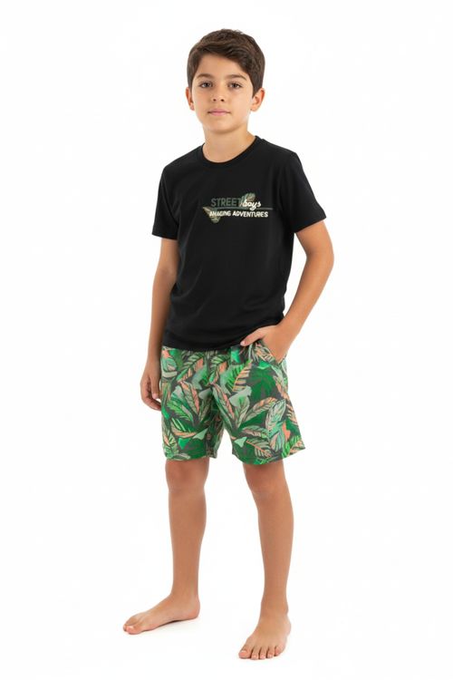 Conjunto com Camiseta e Bermuda Tropical em Microfibra para Menino (Preto) Bee Loop