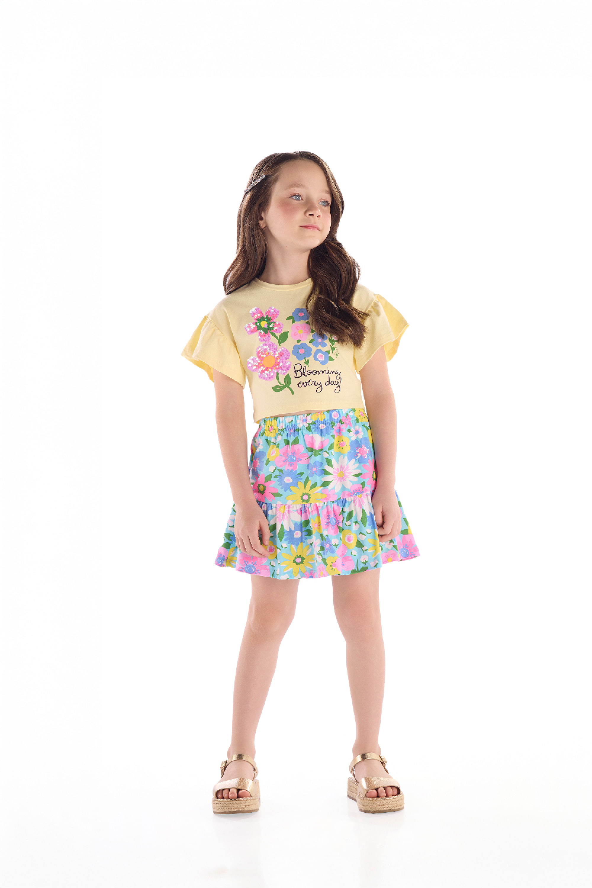 Conjunto Infantil Floral com Blusa e Short-Saia (Amarelo) Quimby
