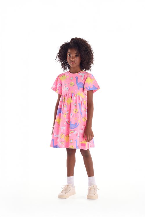 Vestido Infantil em Cotton Dinos e Unicórnios (Rosa) Quimby