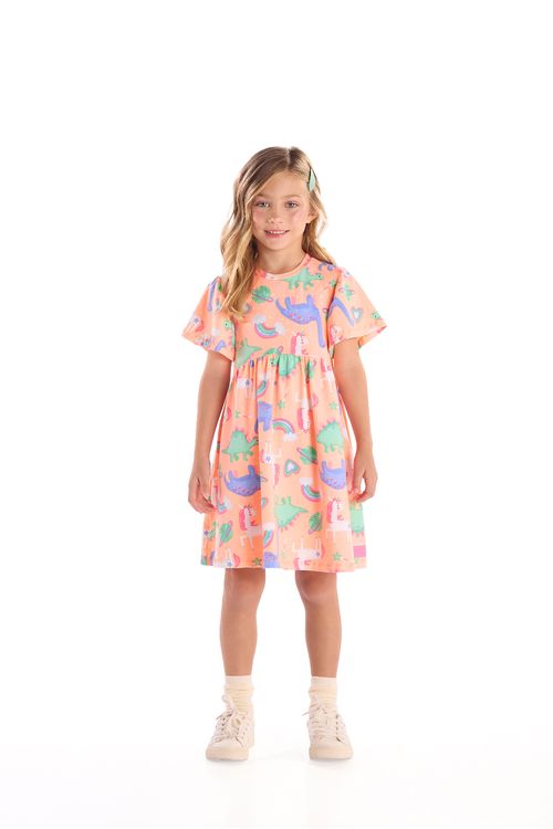Vestido Infantil em Cotton Dinos e Unicórnios (Laranja) Quimby