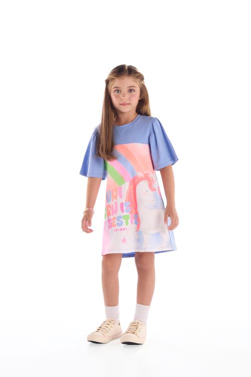Vestido Infantil em Cotton de Unicórnio (Azul Claro) Quimby