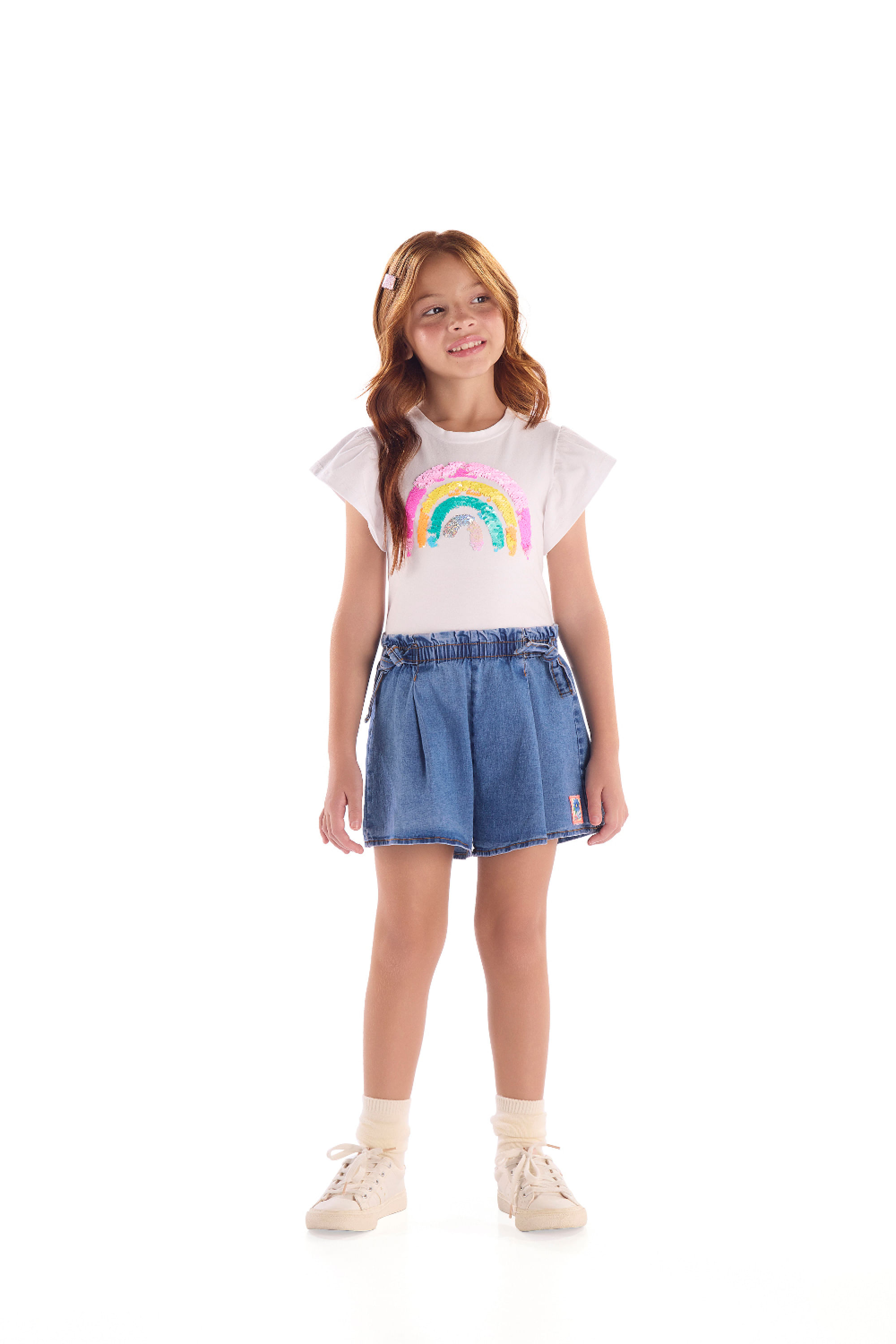 Blusa Infantil Arco-Íris de Manga Babado (Branco) Quimby