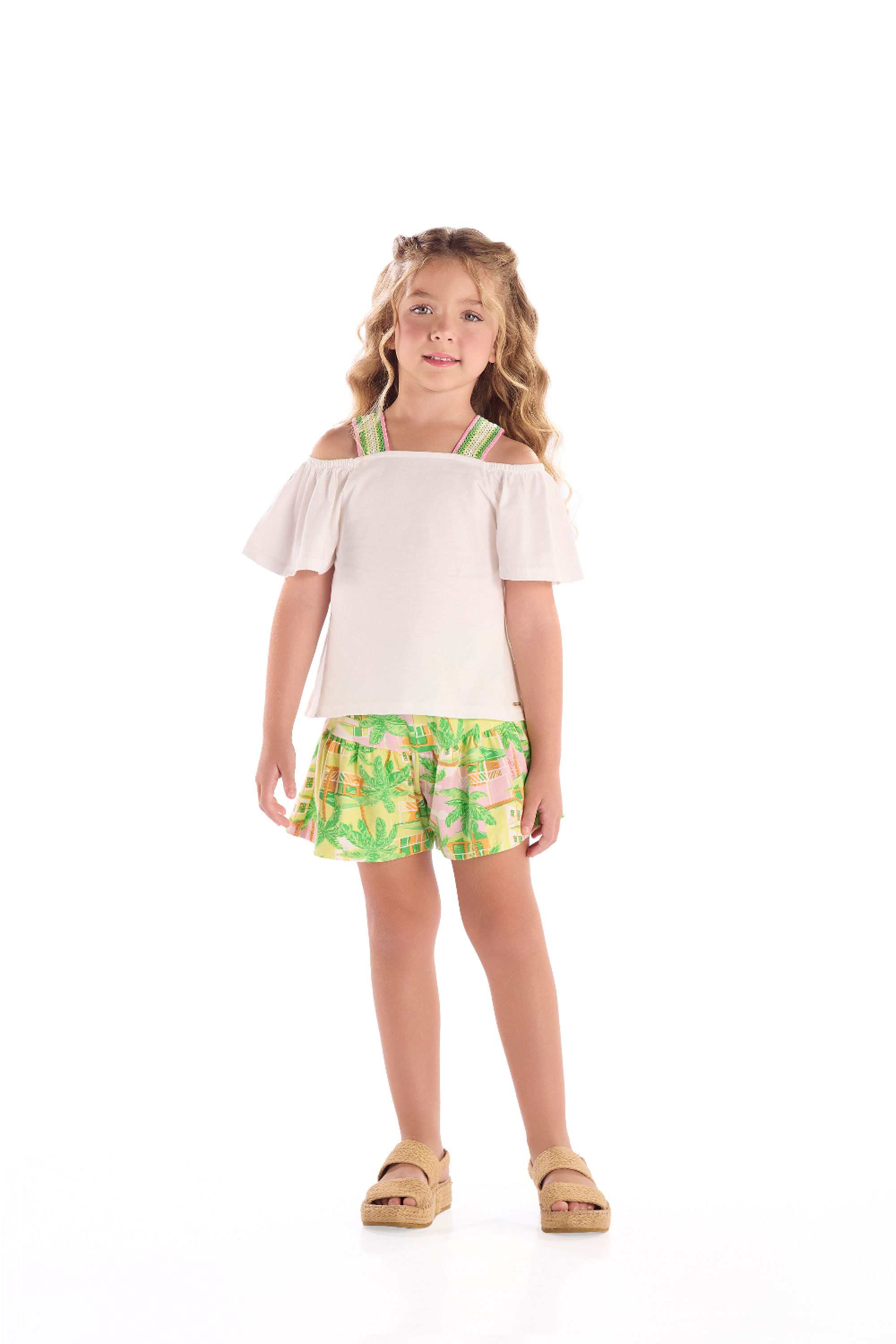 Conjunto Infantil Bata de Algodão e Short Floral (Off White) Quimby