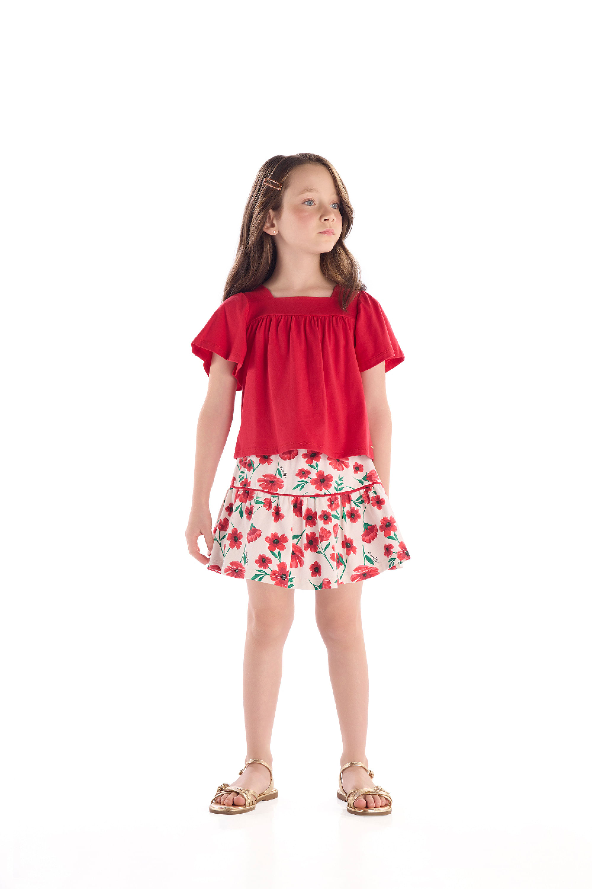 Conjunto Infantil com Bata Lisa e Saia Floral (Vermelho) Quimby