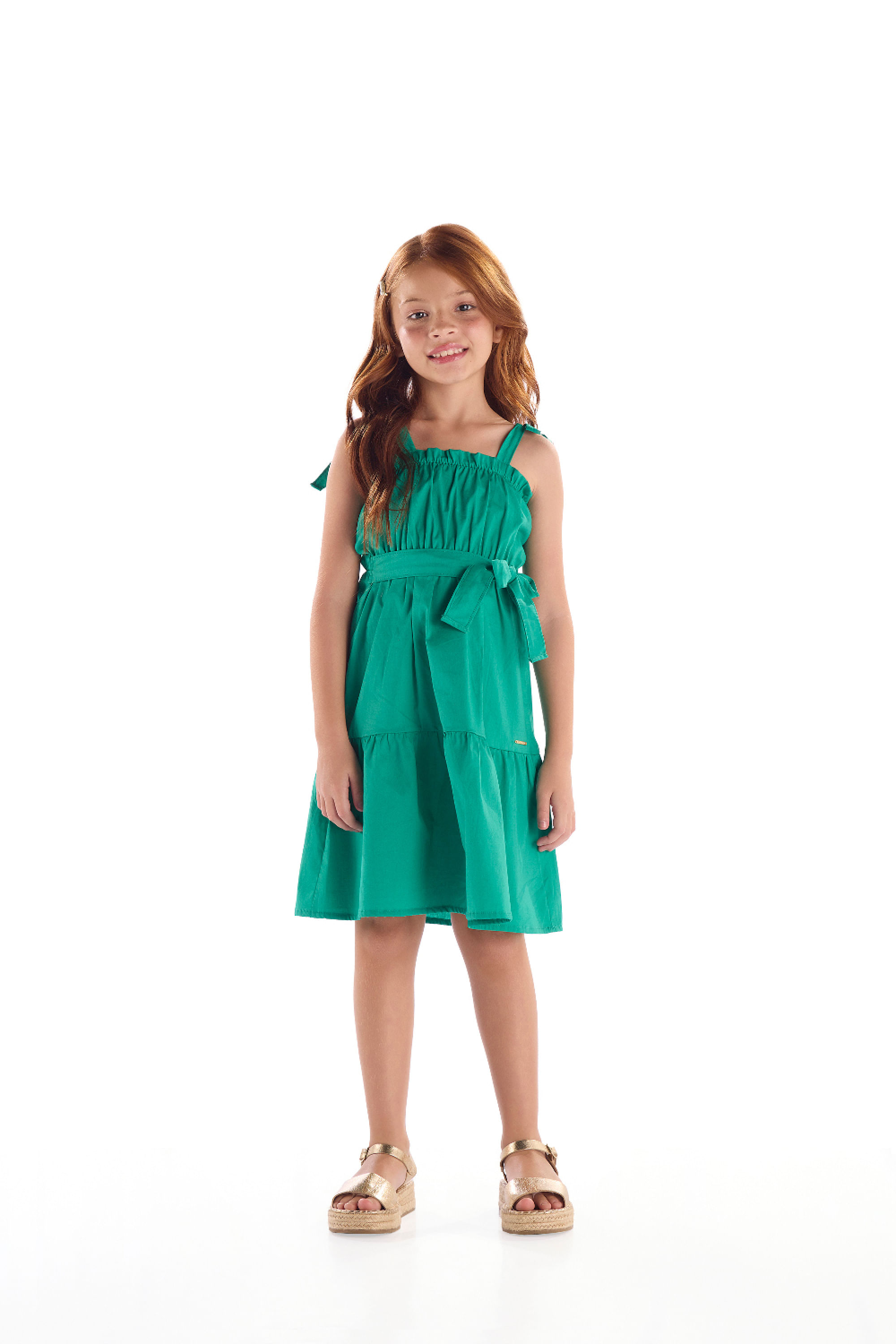 Vestido Infantil em Tricoline Franzido (Verde) Quimby