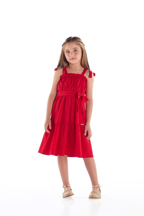 Vestido Infantil em Tricoline Franzido (Vermelho) Quimby