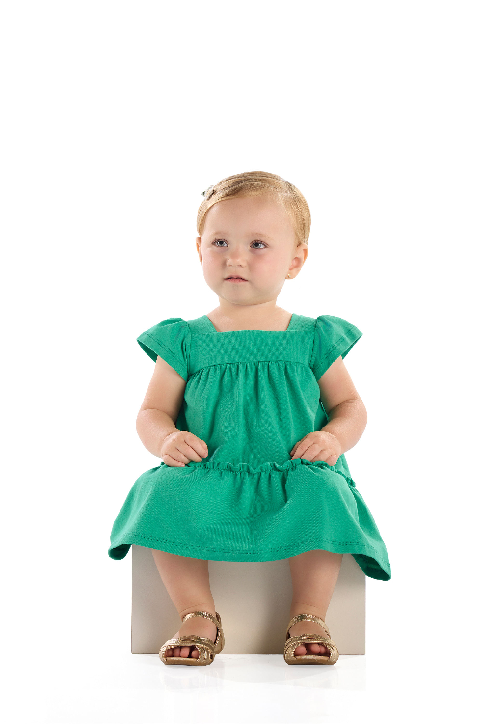 Vestido Bebê em Cotton com Babados Franzidos (Verde) Quimby