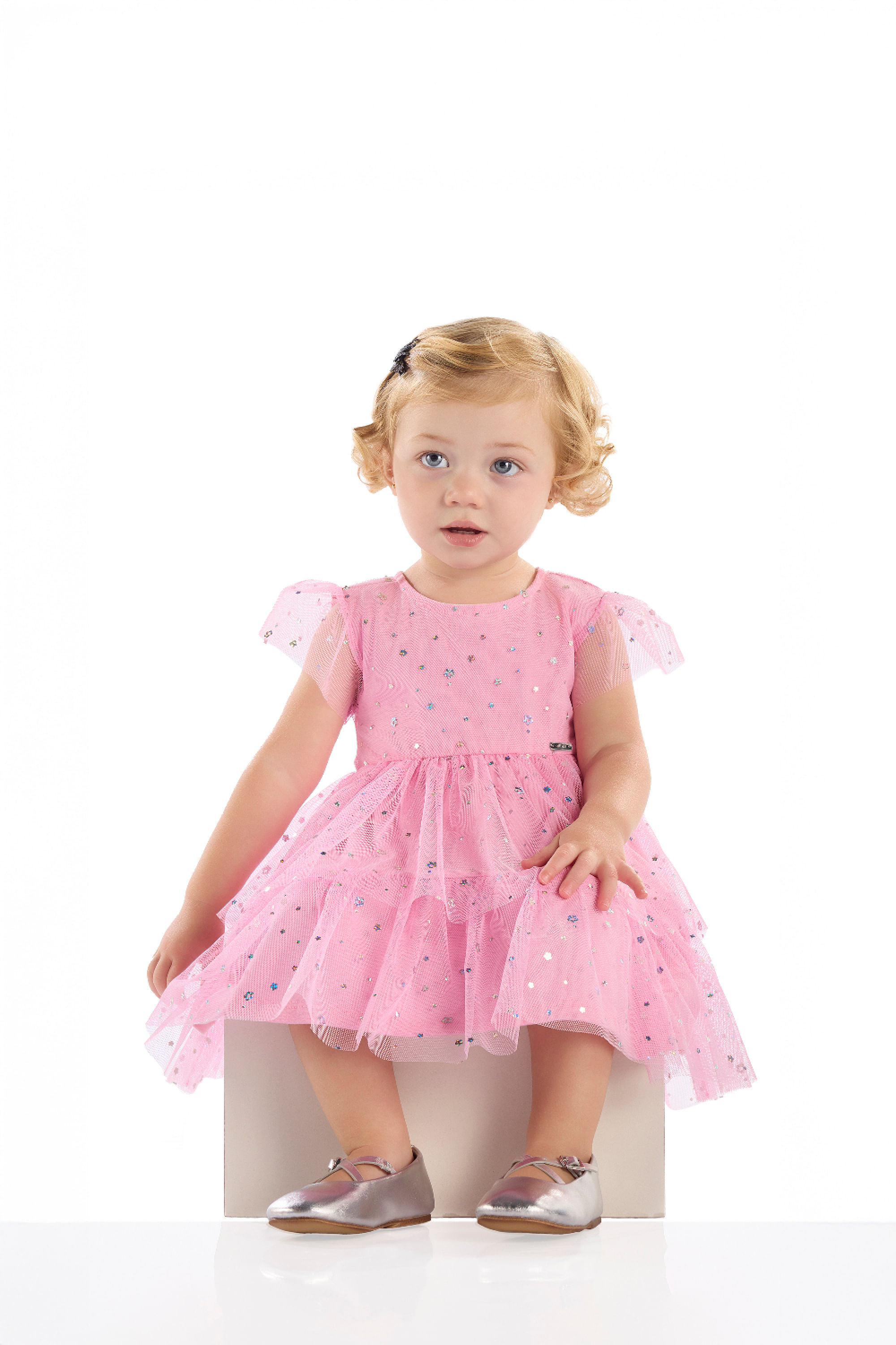 Vestido Bebê Tule com Camadas Franzidas (Rosa Claro) Quimby