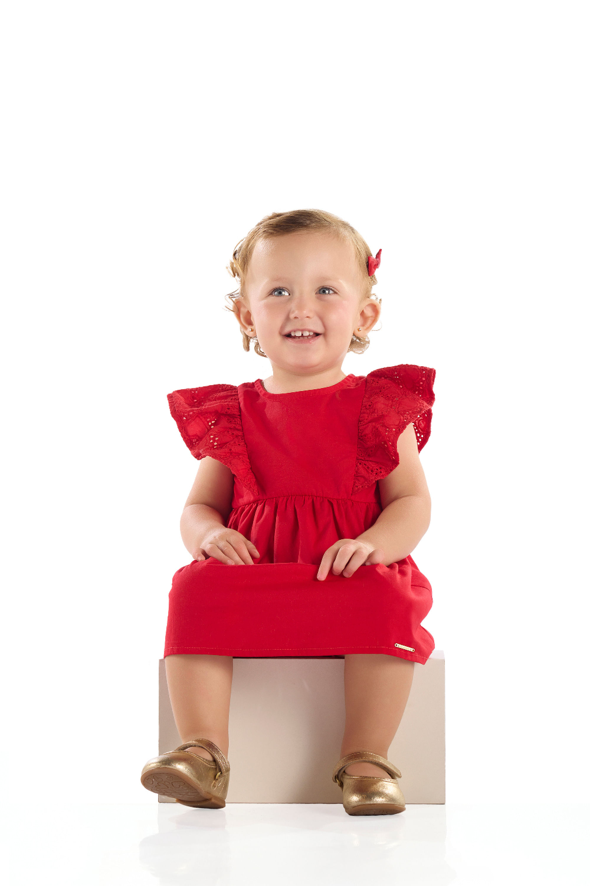 Vestido Bebê Tricoline com Babado em Laise (Vermelho) Quimby