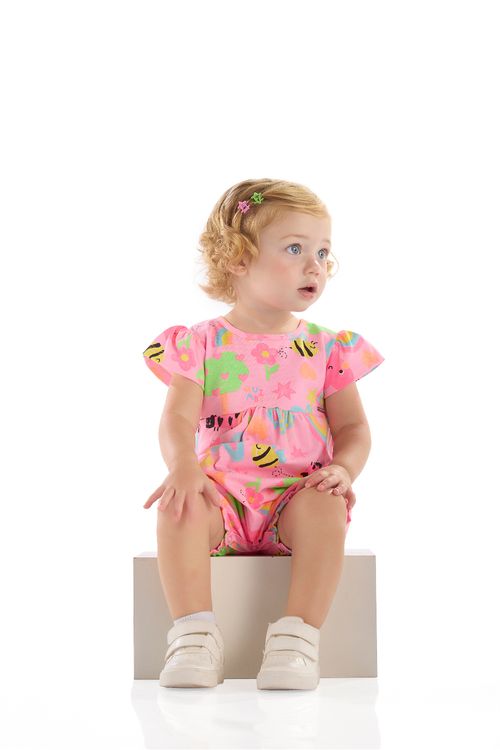 Macaquinho para Bebê Menina Estampado em Cotton (Rosa) Quimby