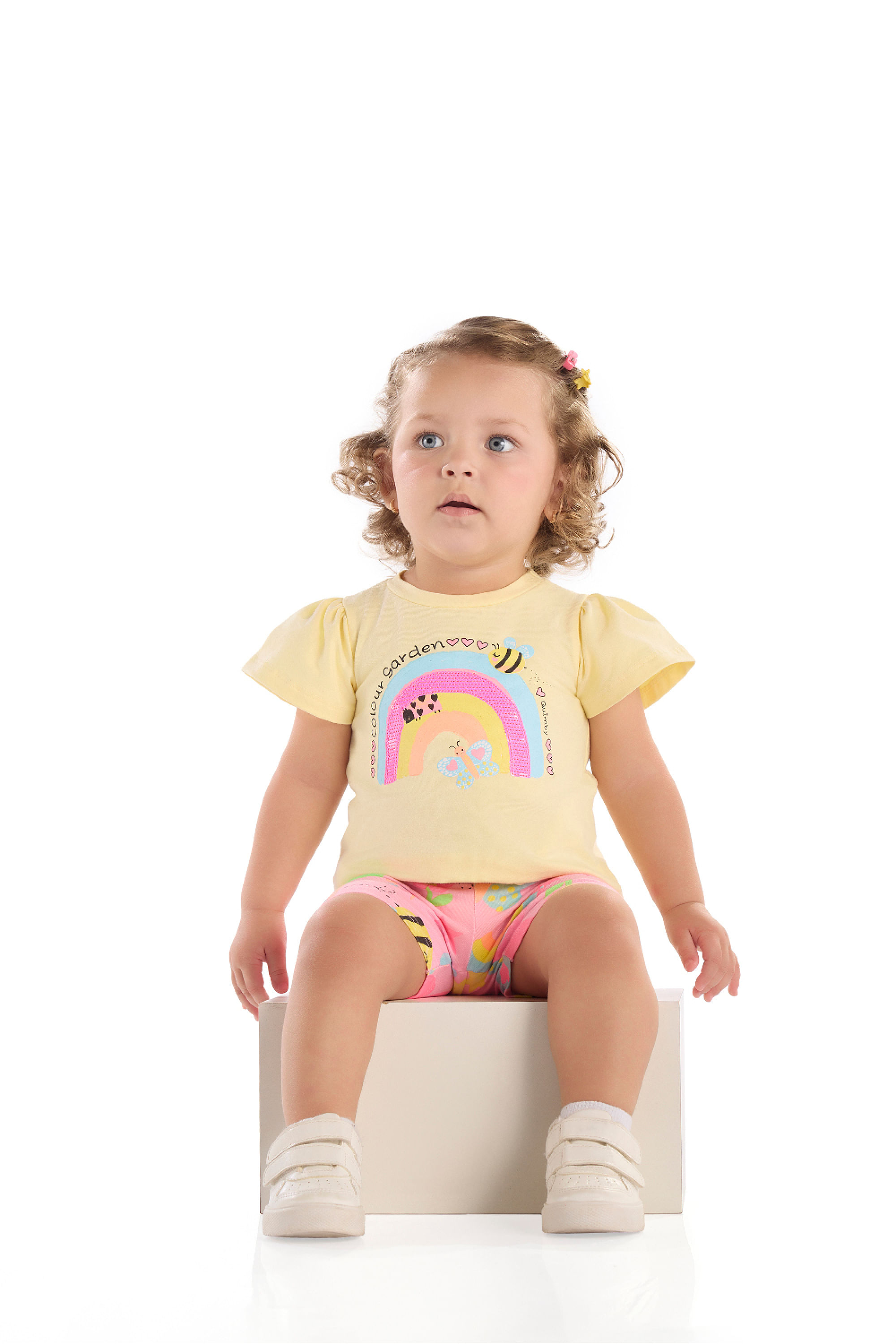 Conjunto Jardim Colorido para Bebê Menina Blusa e Bermuda (Amarelo Claro) Quimby