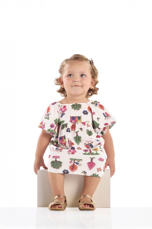 Vestido para Bebê em Cotton Estampado (Branco) Quimby