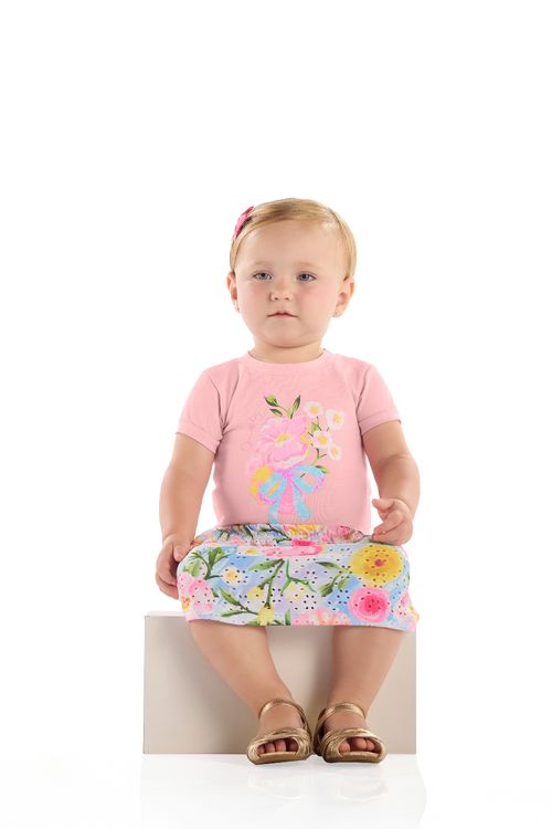 Conjunto com Blusa e Saia-Short Floral para Bebê (Rosa) Quimby