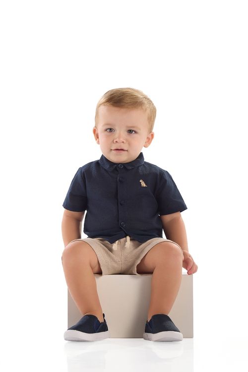 Conjunto Bebê Menino Camisa Algodão e Bermuda Sarjada (Azul Marinho) Quimby