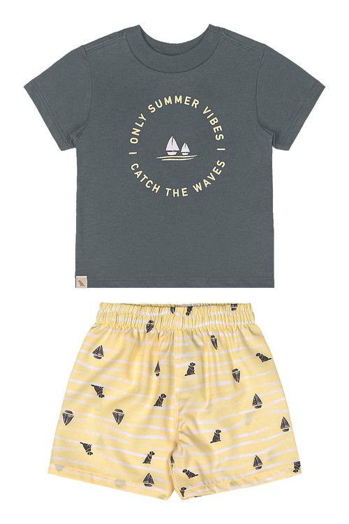 Conjunto Camiseta e Bermuda Microfibra Bebê Menino (Cinza) Quimby