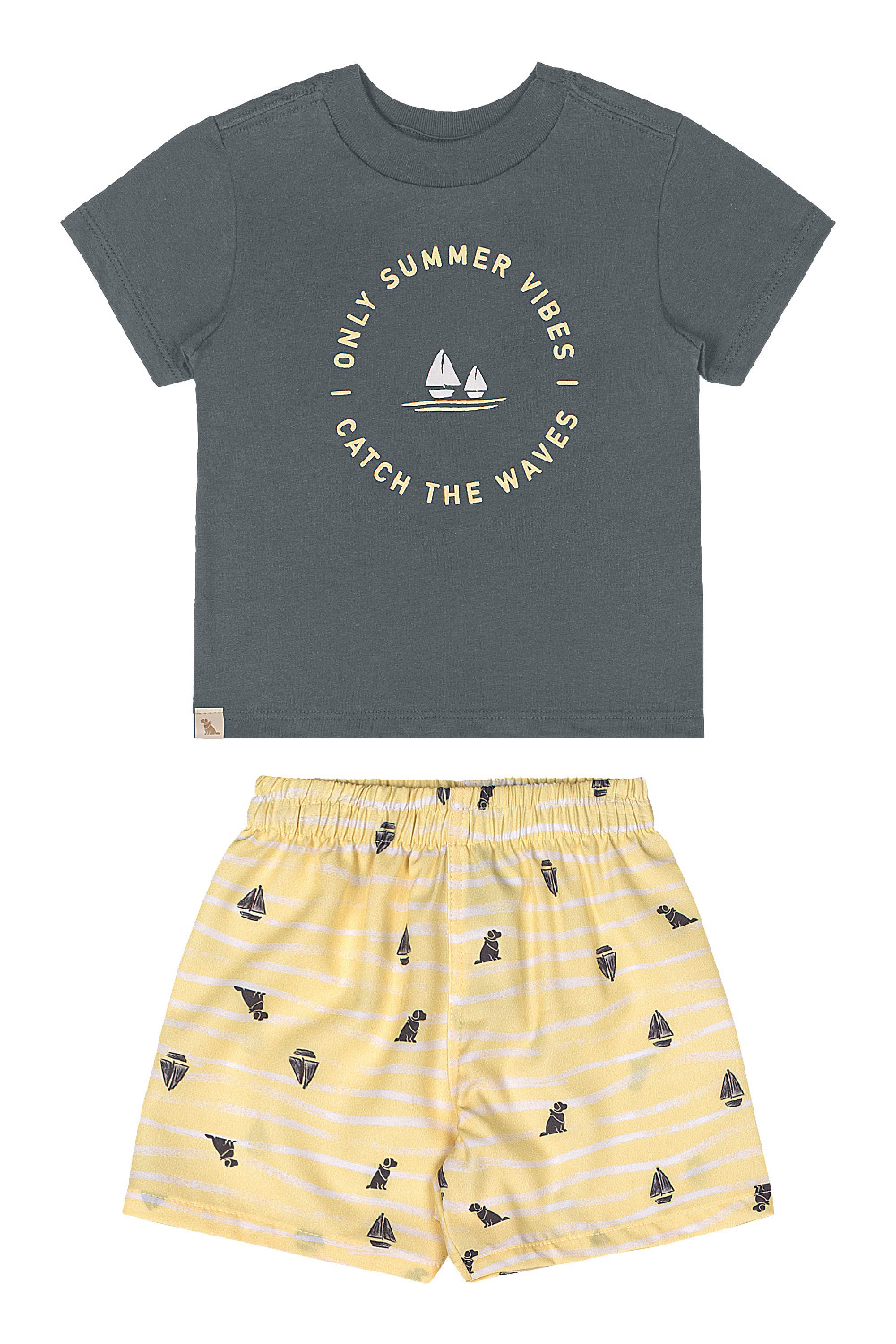 Conjunto Camiseta e Bermuda Microfibra Bebê Menino (Cinza) Quimby