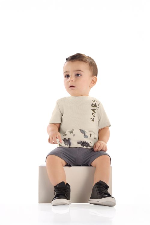 Conjunto Camisa Dino e Bermuda para Bebê Menino (Bege) Quimby