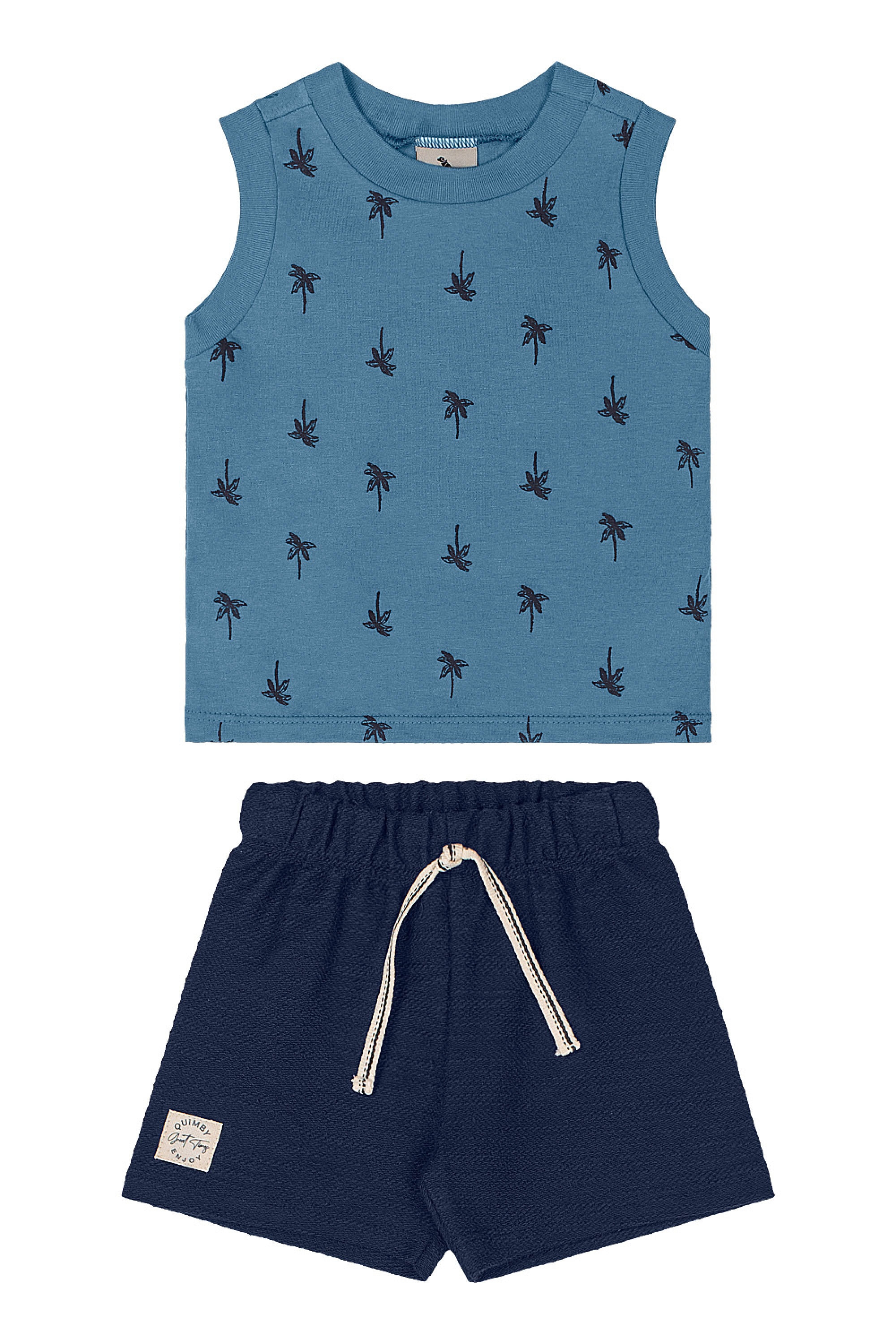 Conjunto para Menino Regata Estampada e Bermuda (Azul) Quimby