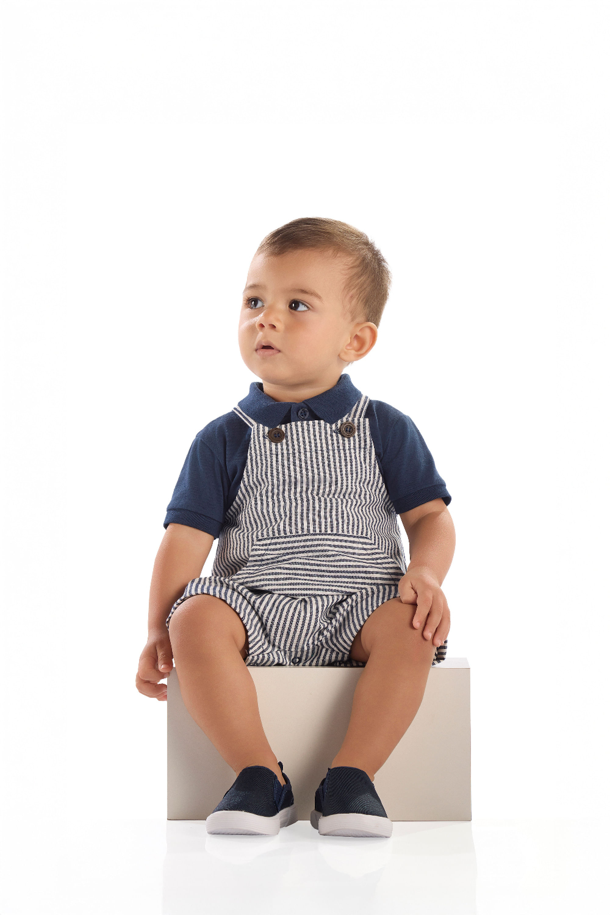 Conjunto Bebê Menino Polo e Jardineira Listrada (Azul Marinho) Quimby