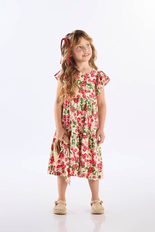 Vestido Midi Infantil em Cotton Cereja (Bege) Up Baby