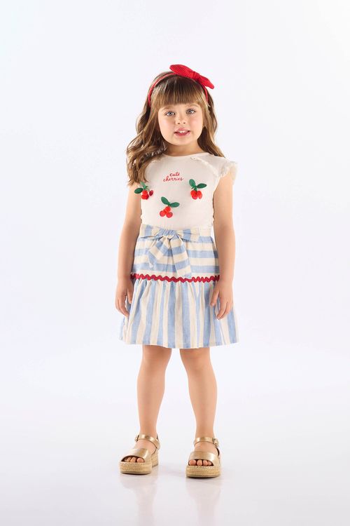 Conjunto Infantil com Blusa Cereja e Saia Listrada (Off White) Up Baby