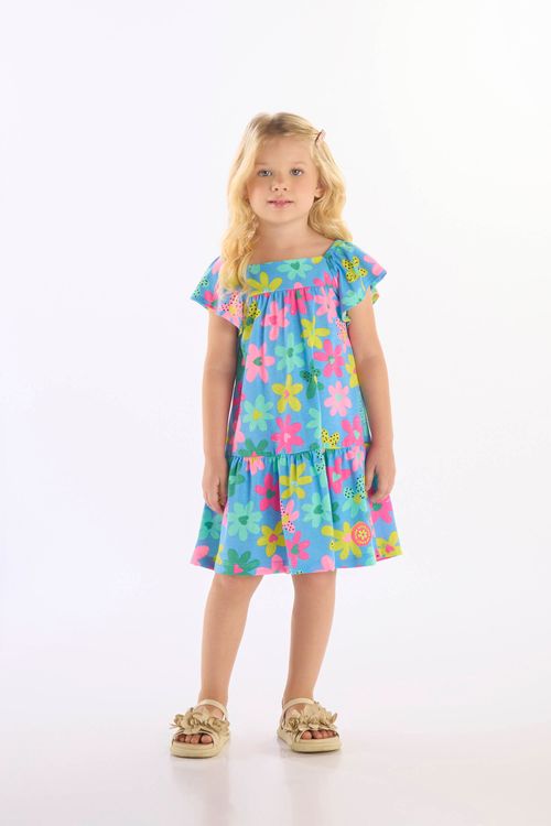 Vestido Infantil Floral em Algodão (Azul) Up Baby