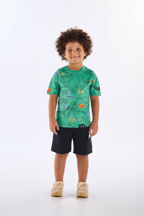 Conjunto Infantil Masculino com Camiseta Dinos e Bermuda (Verde) Up Baby
