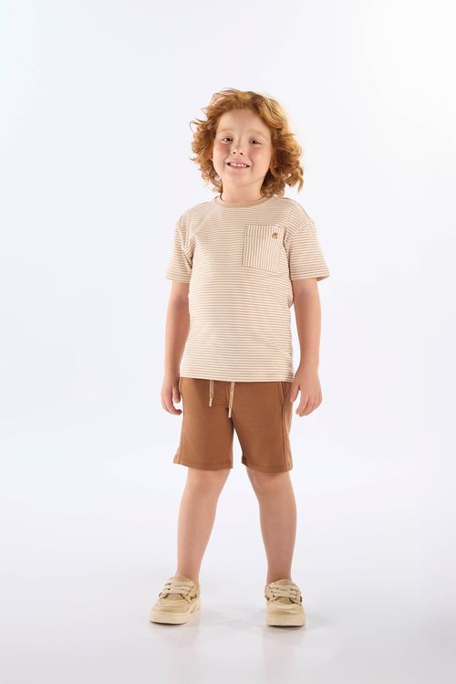 Conjunto Infantil Masculino com Camiseta Listrada e Bermuda (Marrom) Up Baby