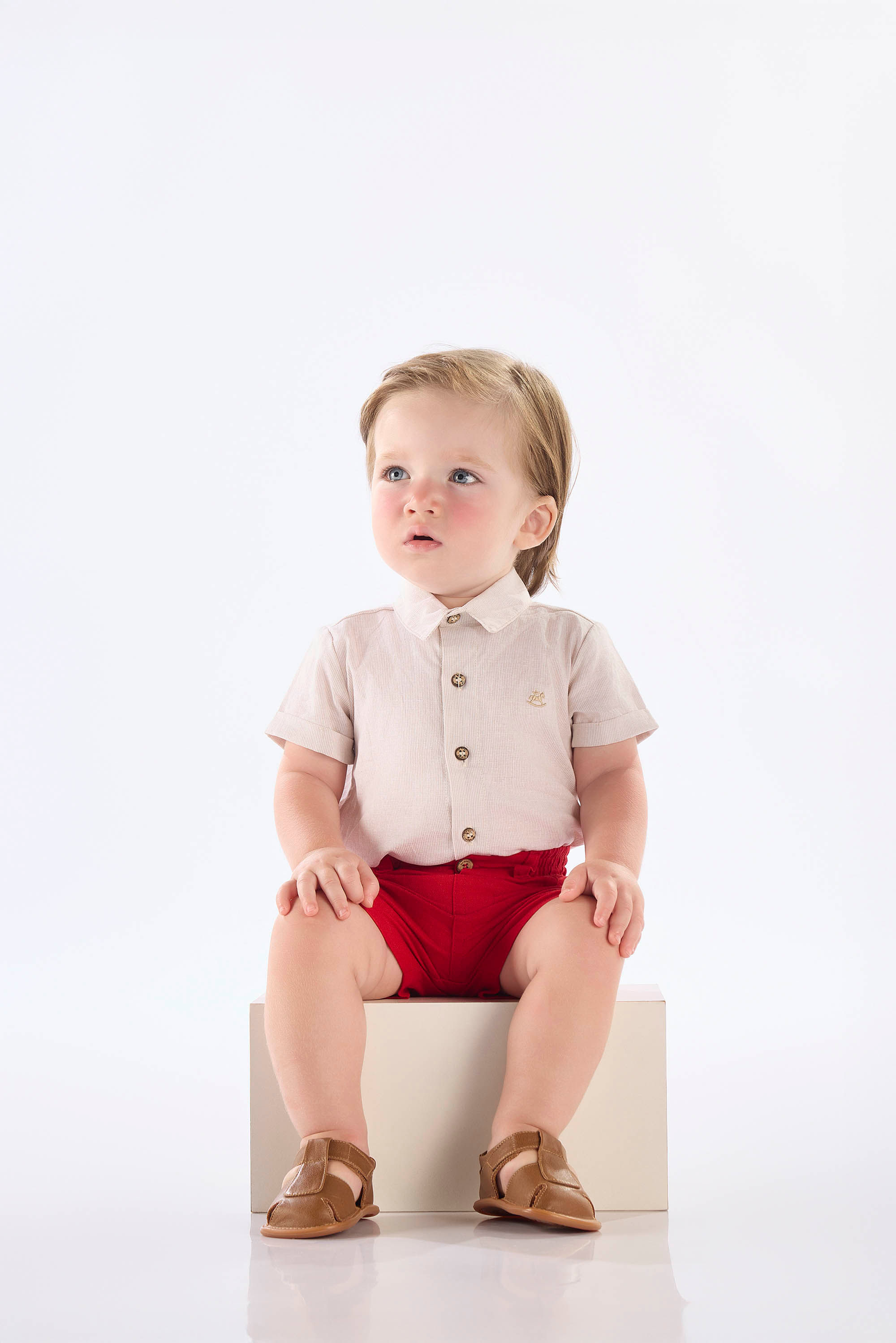 Body Camisa Bebê Menino Social em Algodão e Linho (Bege) Up Baby