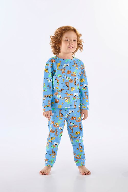 Pijama Longo Infantil Unissex em Suedine Estampado (Azul Claro) Up Baby