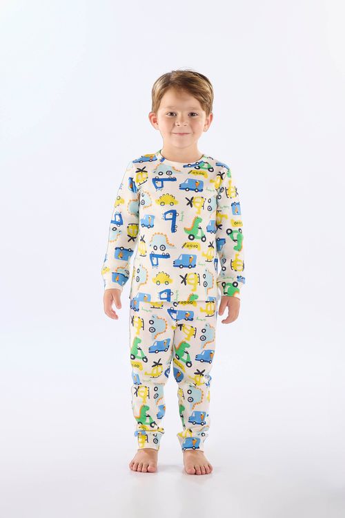 Pijama Longo Infantil Unissex em Suedine Estampado (Off White) Up Baby