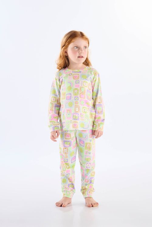 Pijama Longo Infantil Unissex em Suedine Estampado (Off White) Up Baby