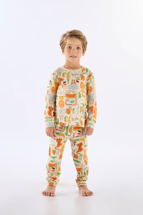 Pijama Longo Infantil Unissex em Suedine Estampado (Off White) Up Baby
