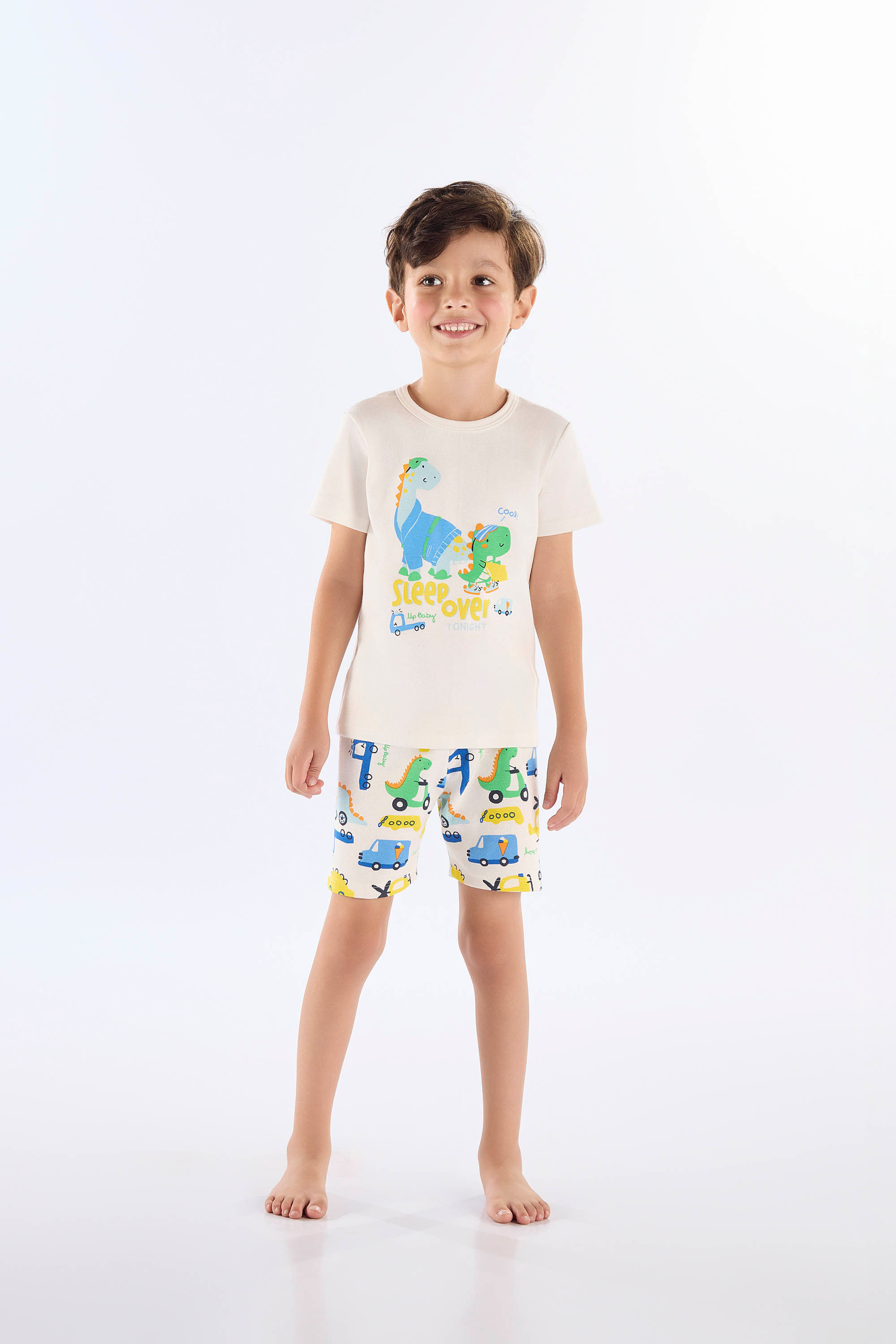 Pijama Infantil de Verão com Camiseta e Bermuda Estampados (Off White) Up Baby