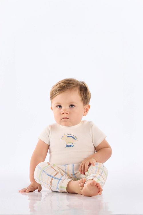 Conjunto Bebê Menino com Body Dino e Calça Xadrez Comfy (Off White) Up Baby