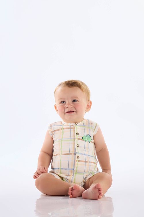 Macaquinho Xadrez em Suedine Comfy para Bebê Menino (Bege) Up Baby