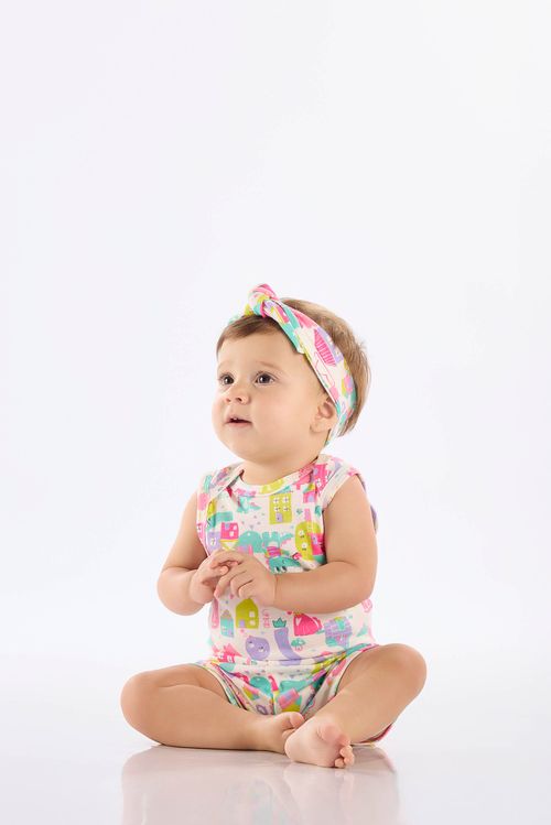 Body Regata para Bebê Menina em Suedine Estampado (Branco) Up Baby