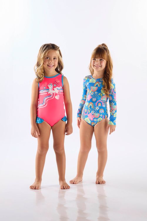 Maiô Infantil em Malha FPS+50 Forrado (Rosa Pink) Up Baby