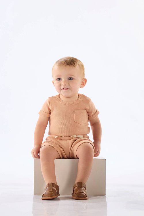 Conjunto Bebê Unissex Body e Short em Ribana Nature (Off White) Up Baby