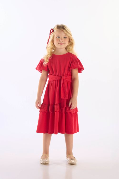 Vestido Infantil em Algodão com Detalhe em Renda (Vermelho) Up Baby